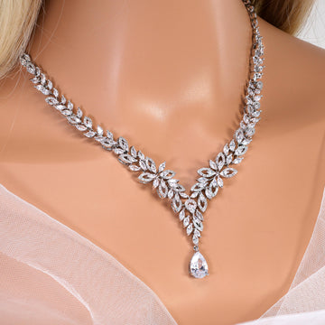 CZ The Bride’s Song in Silver Petals Necklace, Long Bridal Jewelry, Bridal Earrings And Necklace, Statement Earrings CZ Necklace Set.